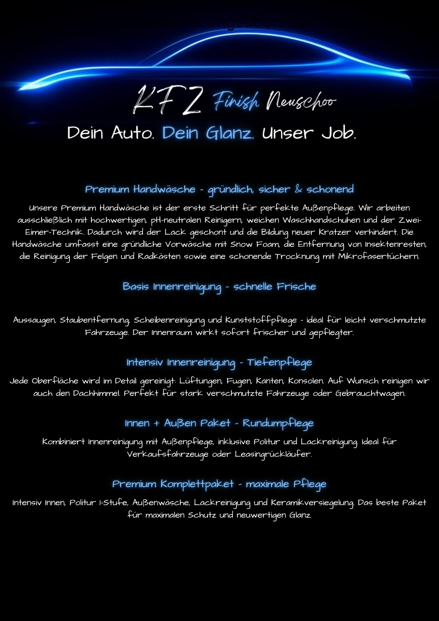 KFZfinish Leistungsübersicht Innenreinigung und Handwäsche