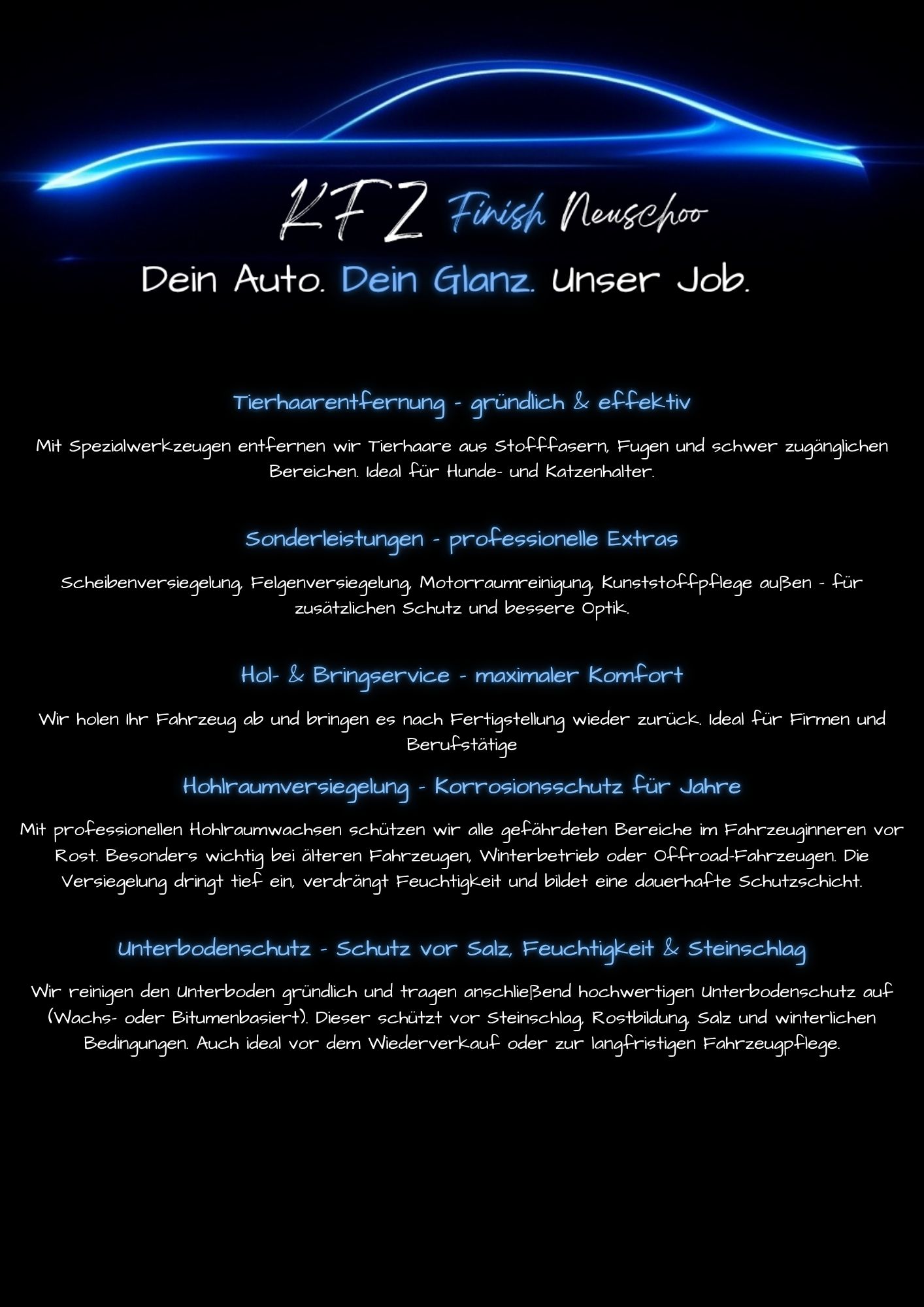 KFZfinish Leistungsübersicht Tierhaarentfernung, Sonderleistungen, Unterboden & Hohlraum